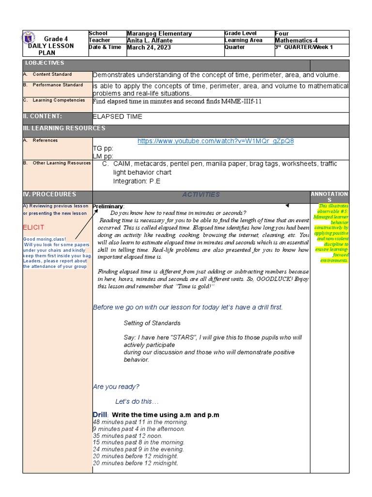 Grade 4 Math: Elapsed Time Lesson | PDF | Learning | Differentiated ...