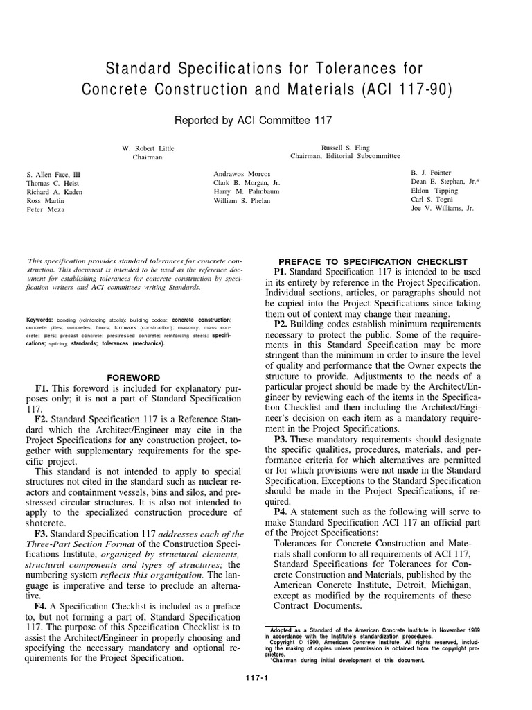 ACI 117 - 90 Standard Specifications For Tolerances For Concrete ...