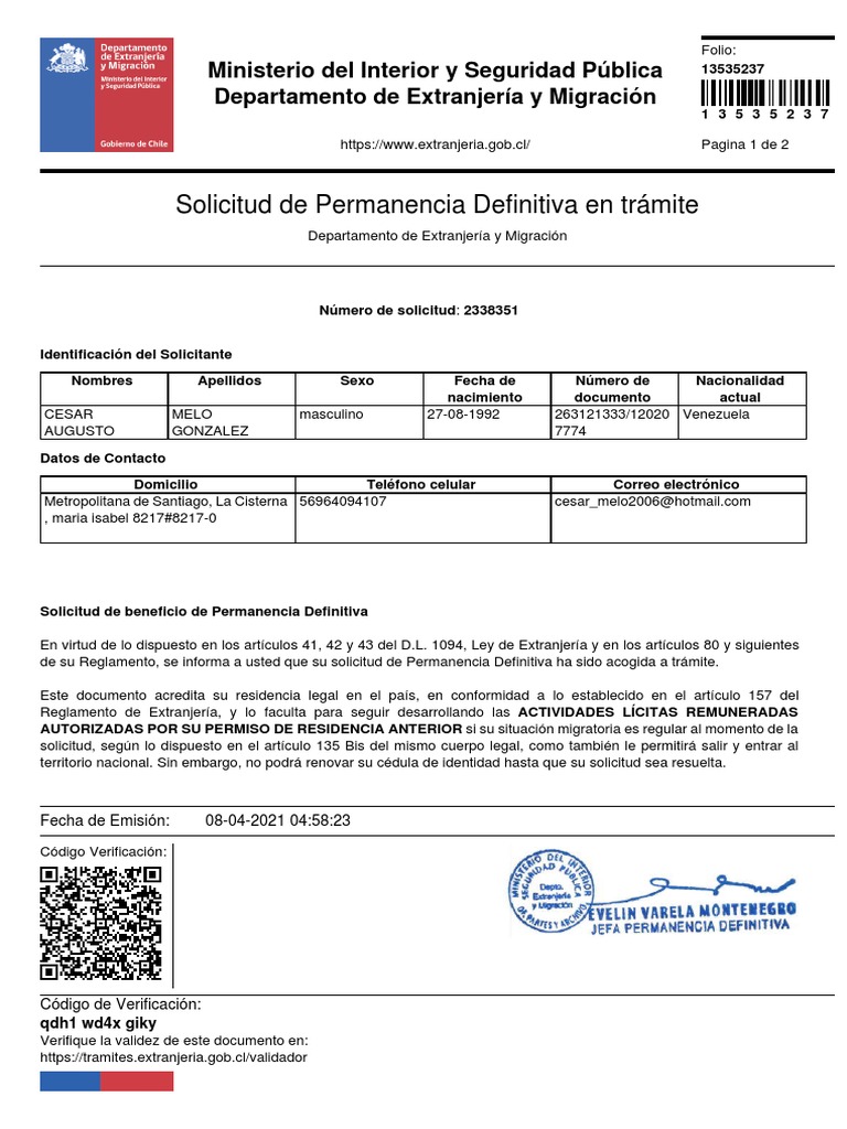 Extranjeria Comprobante de Solicitud de Permanencia Definitiva en Tramite 13535237 PDF