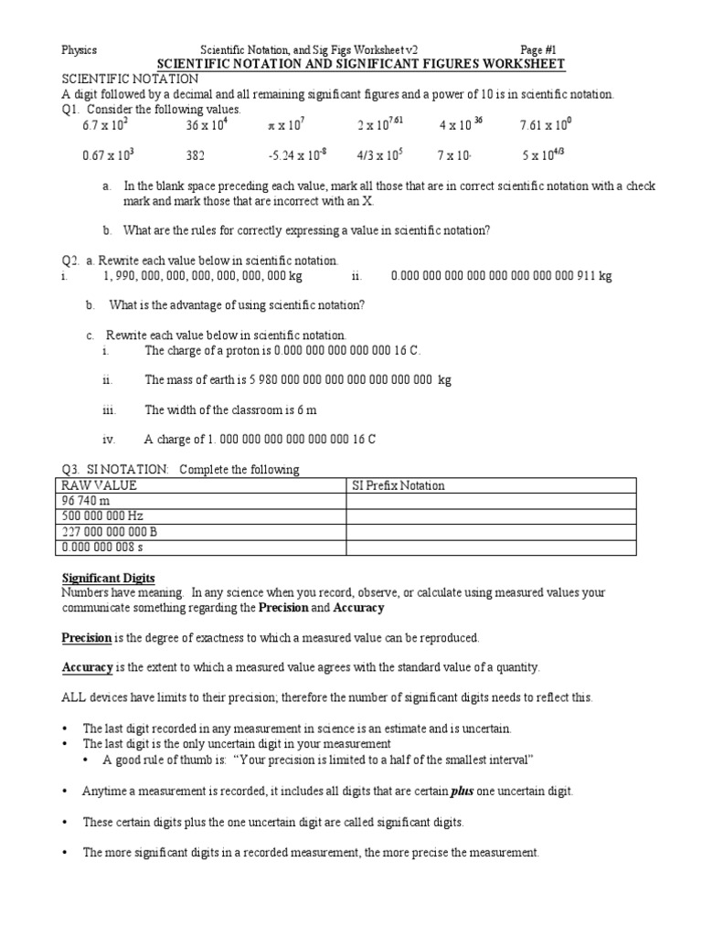 Scientific Notation & Significant Figures Worksheet | PDF | Significant ...