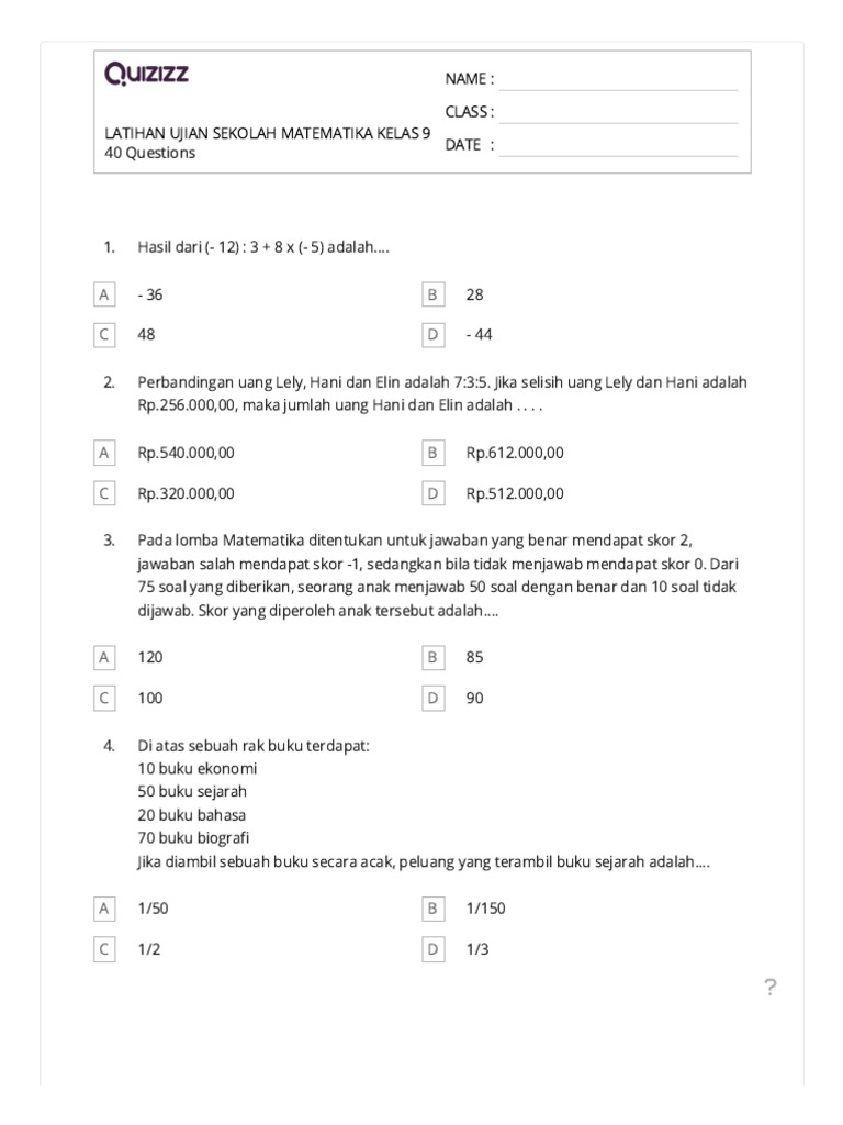 Latihan Ujian Sekolah Matematika Kelas 9 Pdf Pdf