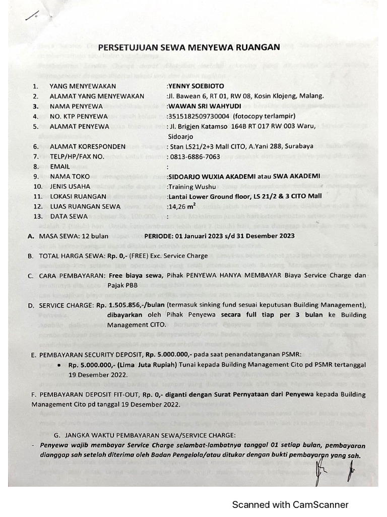 Contoh Persetujuan Sewa Menyewa Ruangan SWA PDF