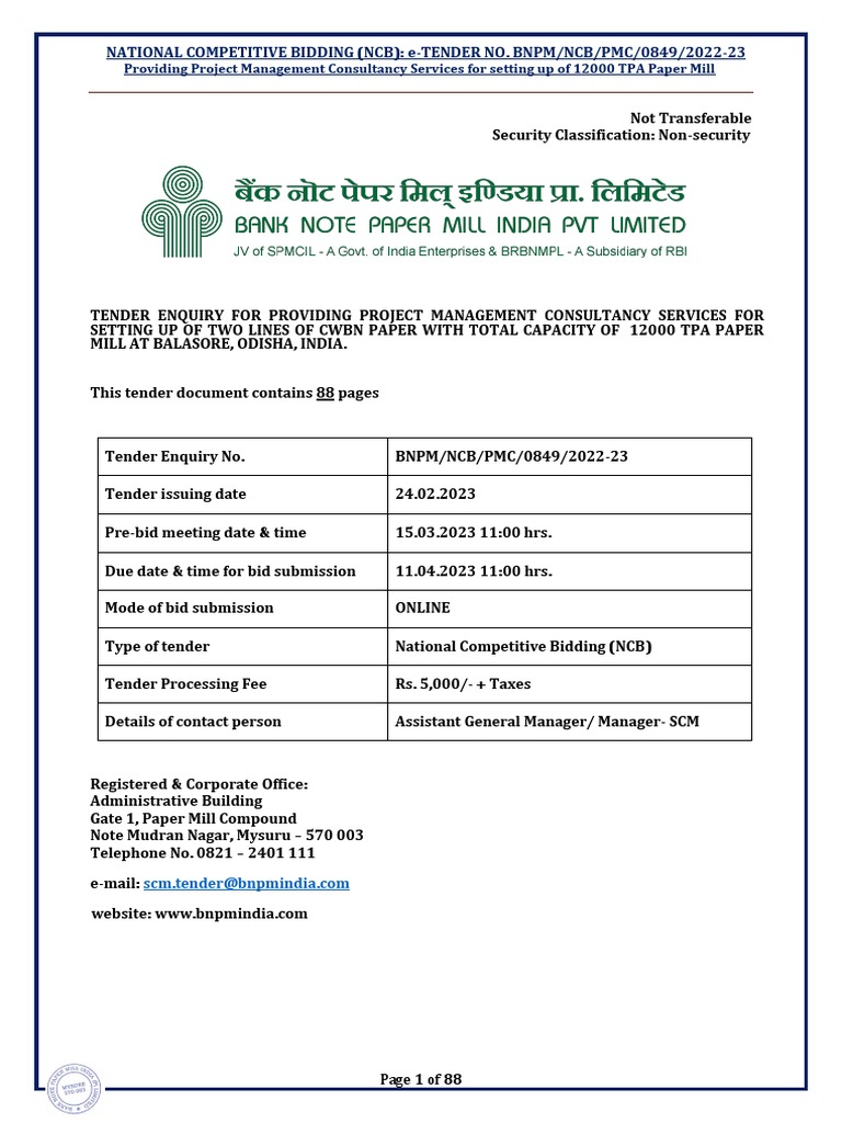 24 02 2023 Tender For Project Management Consultancy Services Pdf