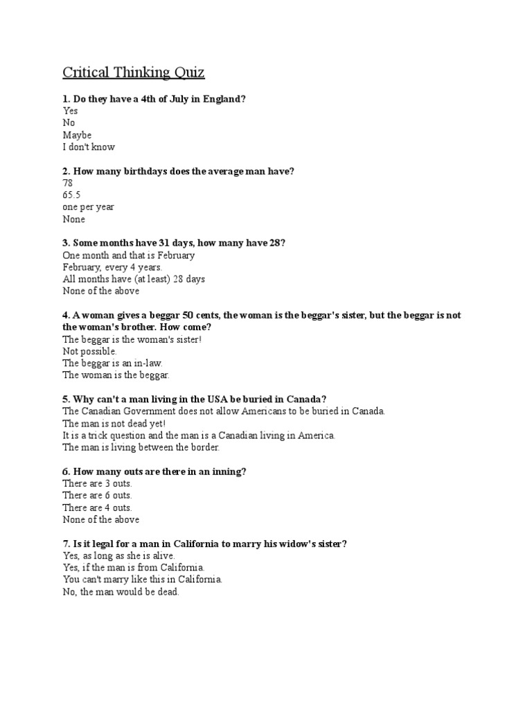 Critical Thinking Quiz Questions | PDF | Argument | Fallacy