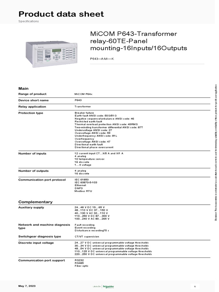 Easergy P64x Protection Relays P643 AM K PDF Power
