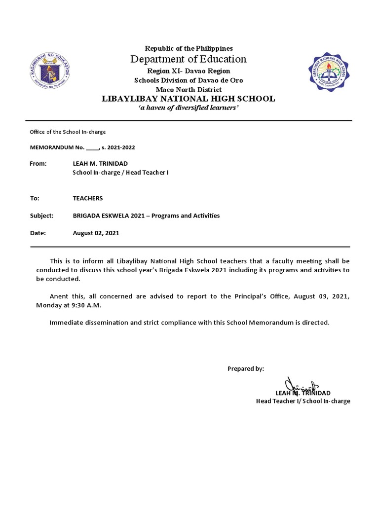 School Memorandum 2021 2022 WATCH BE SDRRM GUIDANCE PDF Pedagogy Education Theory