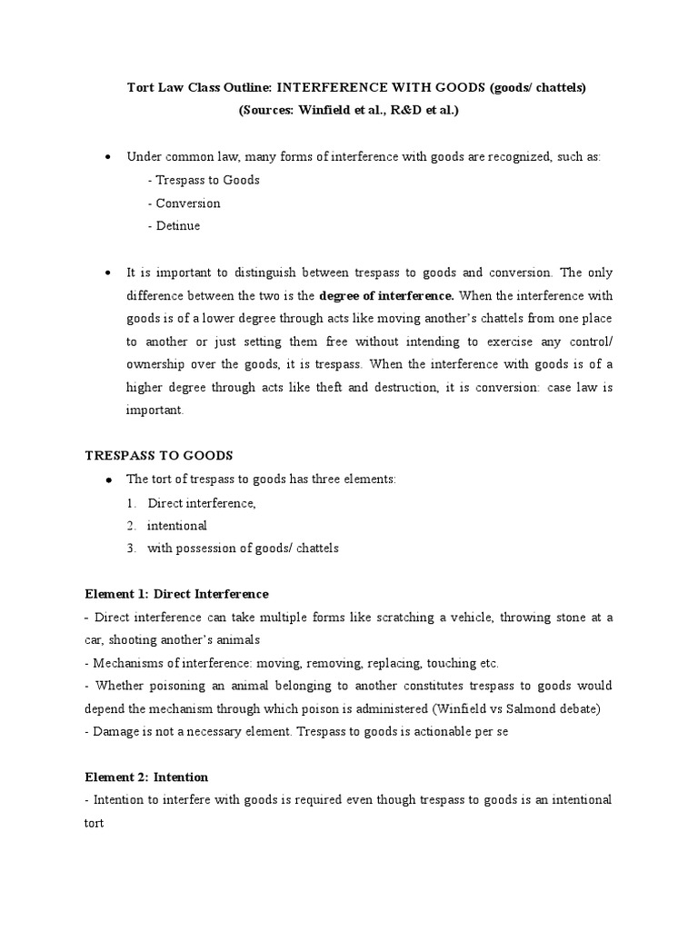 Tort law class outline analysis of the elements and remedies for