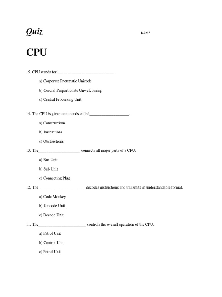 Quiz Chapter 4 CPU | PDF