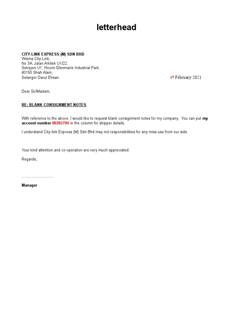 Request for Blank Consignment Notes | PDF