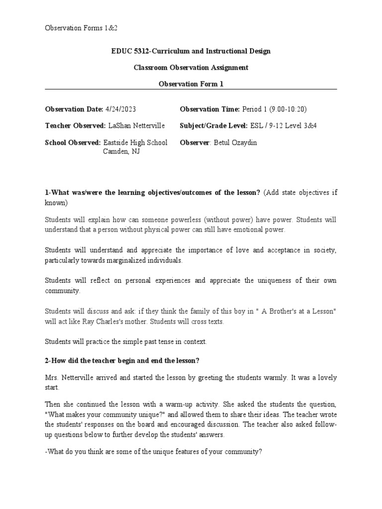 ESL Classroom Observation Report | PDF | Classroom Management | Teachers