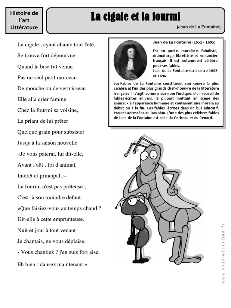 La Cigale Et La Fourmi Poésie Cm1 La Cigale Et La Fourmi Jean de La Fontaine - cm1 - cm2 - Arts Du Langage -  Histoire Des Arts - Cycle 3 2 | PDF | Fable