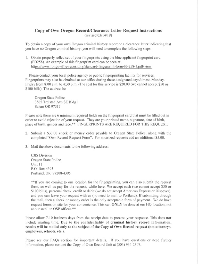 Oregon State Police Request - Own - Background Check Form | PDF