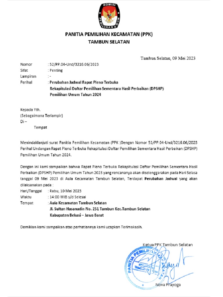 Perubahan Jadwal Rapat Pleno Dpshp Tambun Selatan Pdf Pdf