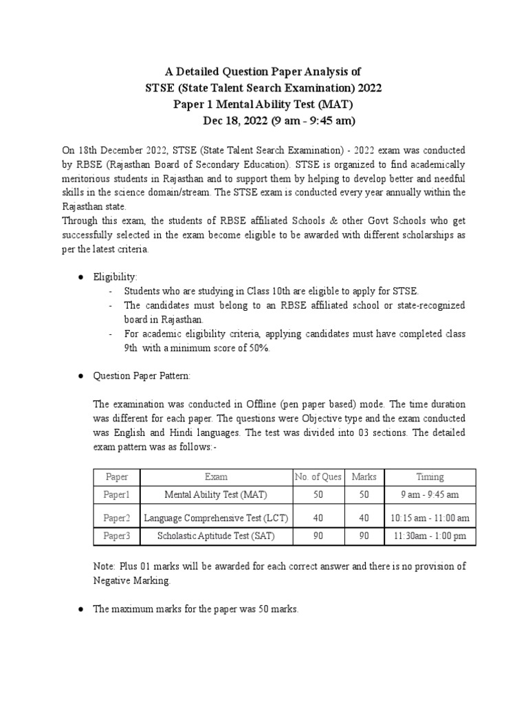 STSE Class X MAT Paper Analysis 2022 | PDF | Sat | Multiple Choice