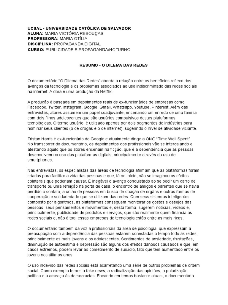 Resumo do Documentário "O Dilema das Redes" | PDF