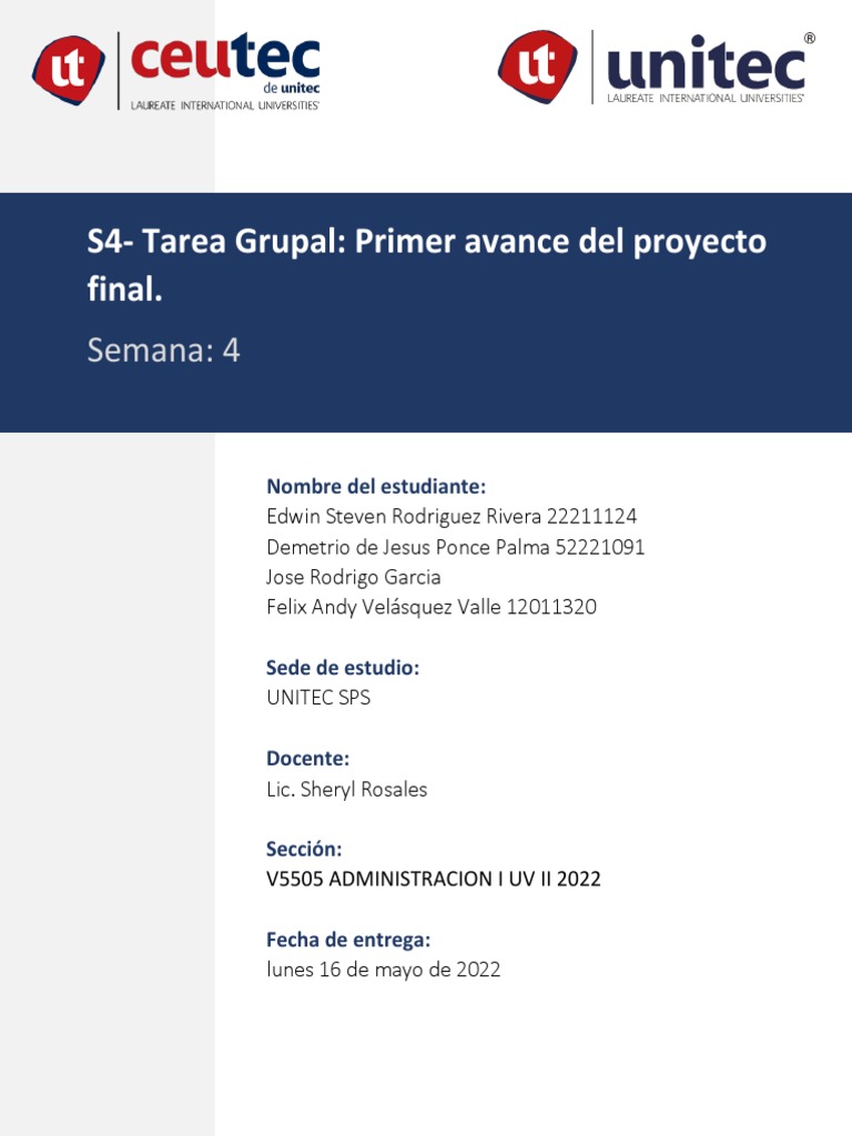 S4 Tarea Grupal Primer Avance Del Proyecto Final | PDF | La compañia de ...
