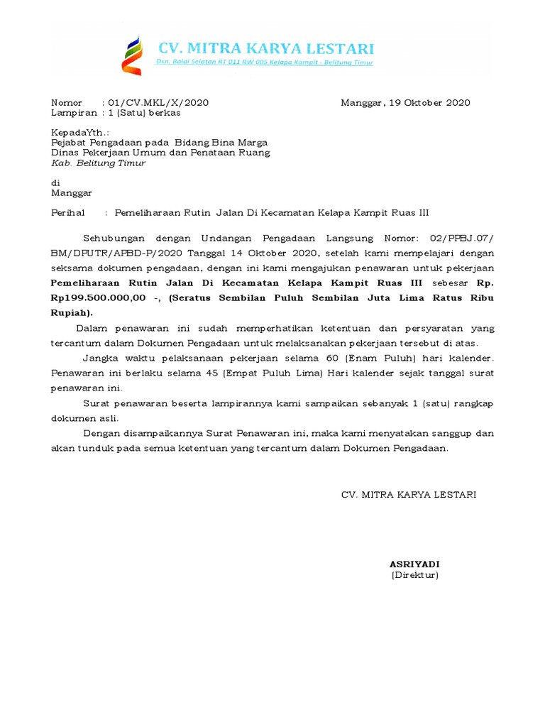 Surat Penawaran Cv Mitra Karya Lestari Pdf