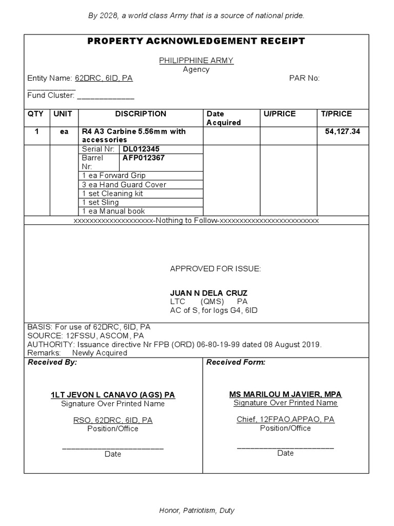 Philippine Army Property Acknowledgement Receipt | PDF