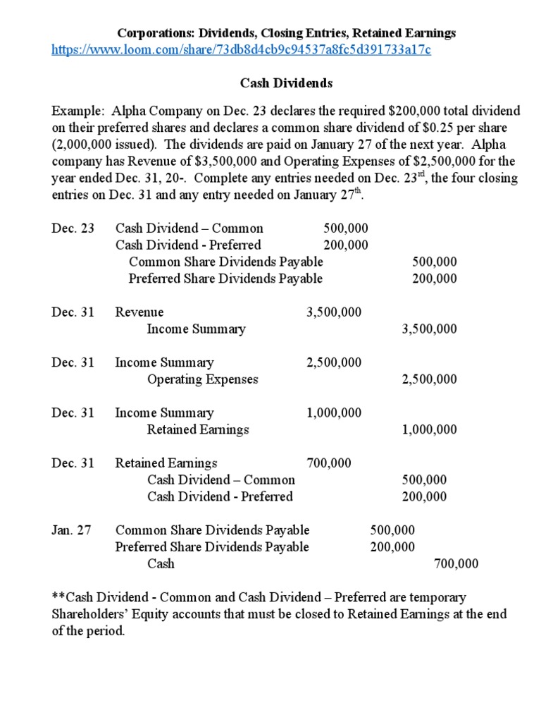 Closing Entry, Retained Earnings Note PDF Dividend Retained Earnings