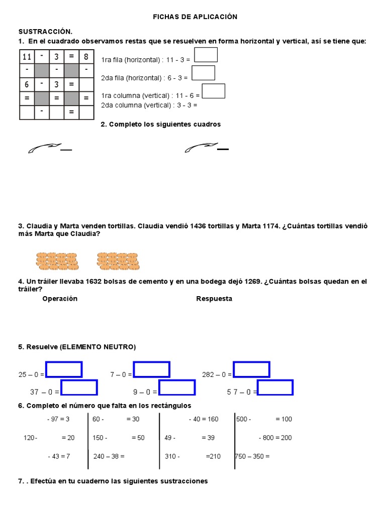 Hojas De Trabajo De Resta Para Segundo Grado En Formato Pdf Sumas