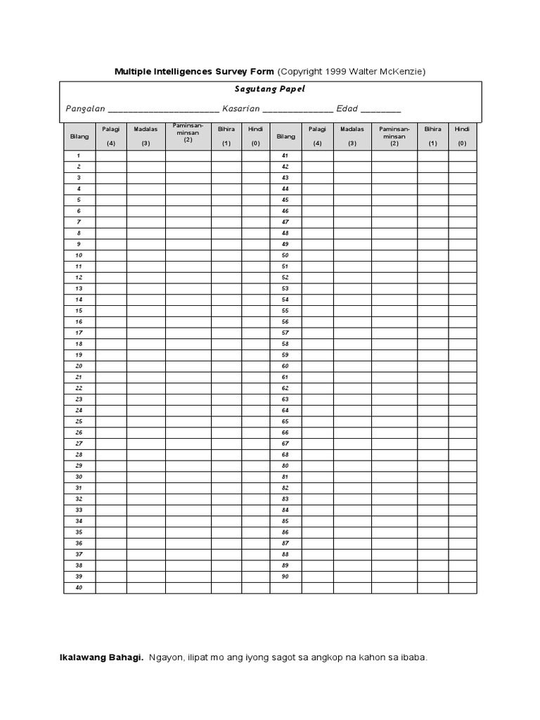 Multiple Intelligences Survey Form | PDF | Science | Behavioural Sciences