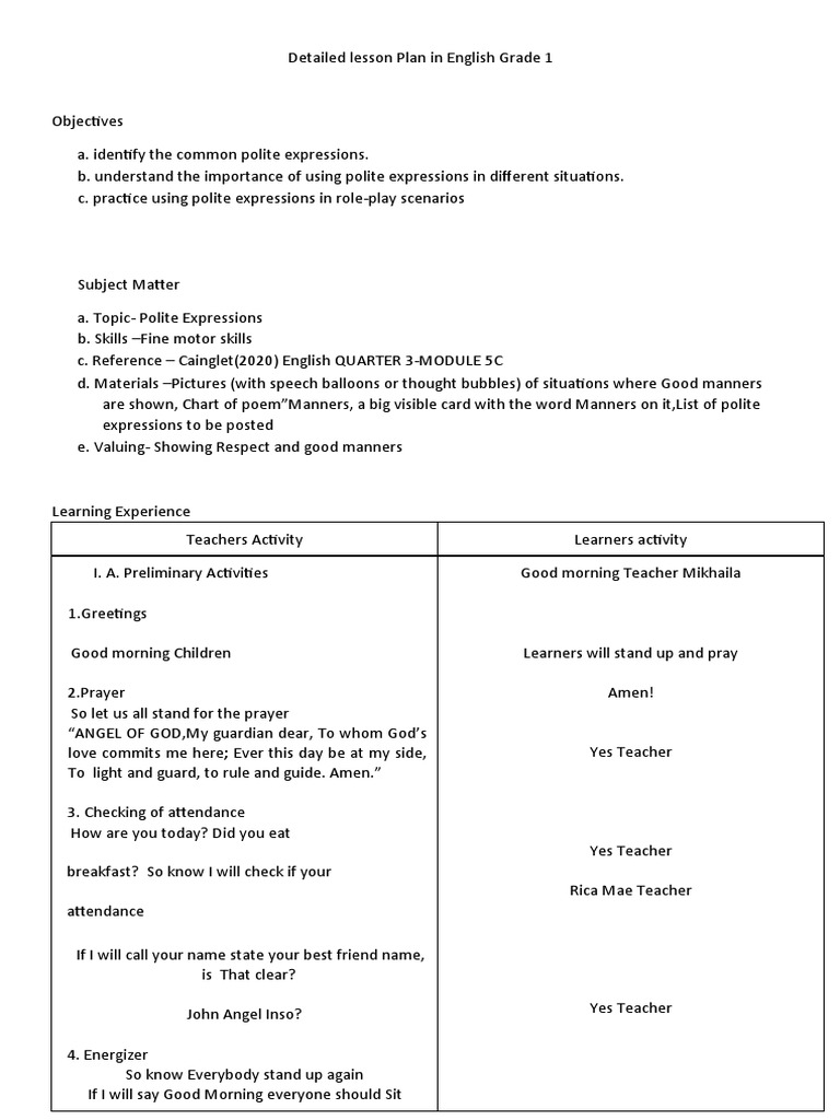 Grade 1 Lesson Plan: Polite Expressions | PDF | Teachers | Prayer