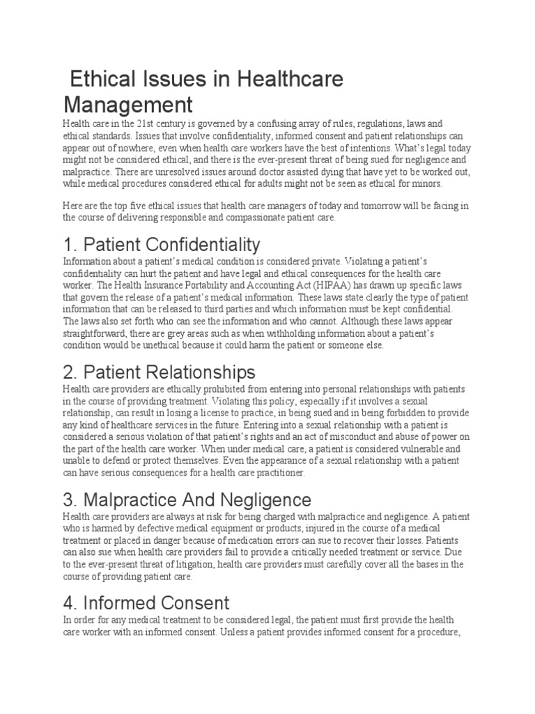 Ethical Issues in Healthcare Management | PDF | Nursing | Health Care
