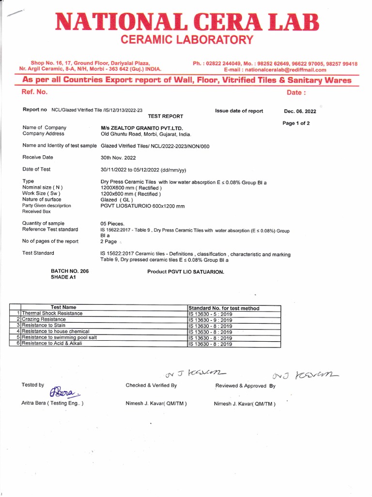 Ceramic Tile Testing Report 2022 | PDF