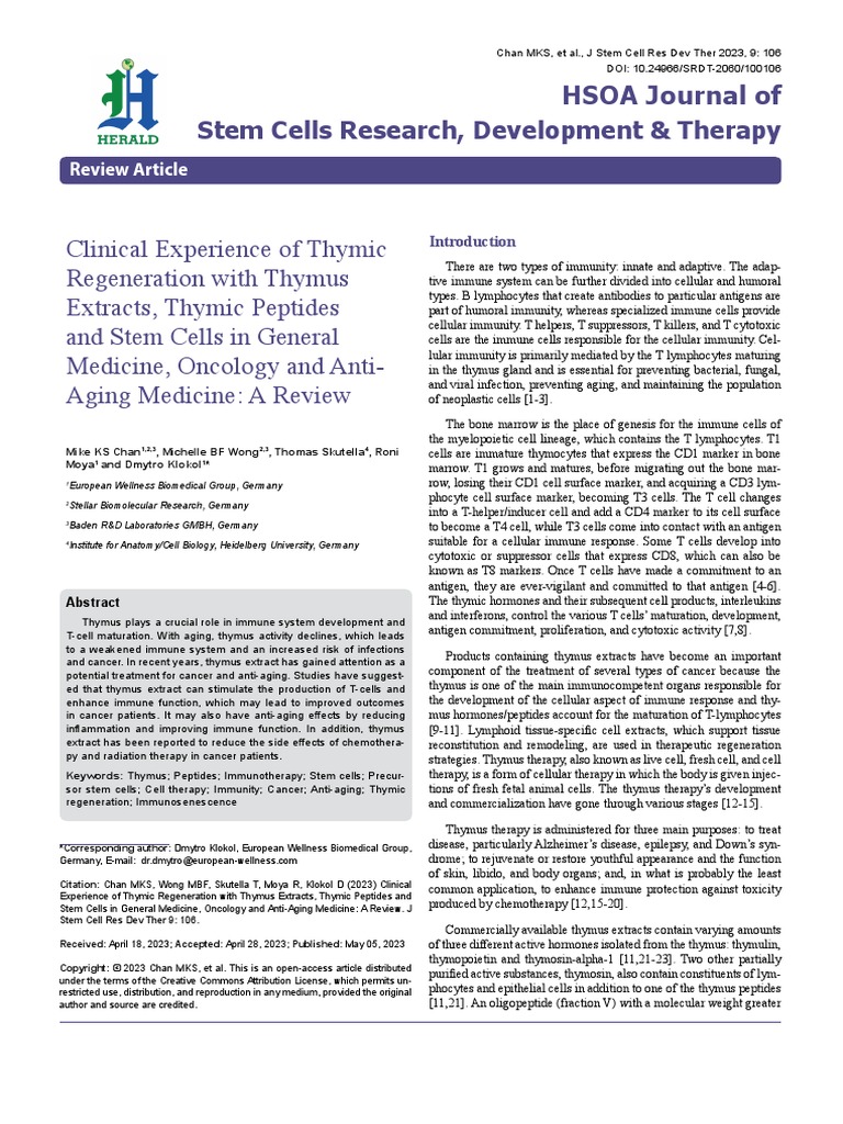 Clinical Experience of Thymic Regeneration With Thymus Extracts, Thymic