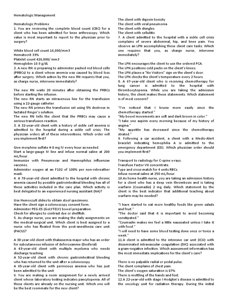 Hematologic Management Overview | PDF | Anemia | Vitamin B12