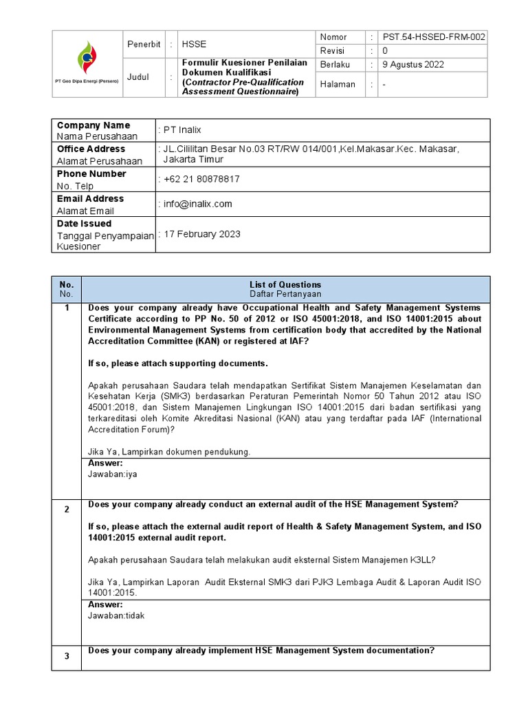 Pst 54 Hssed Frm 002 Formulir Kuesioner Penilaian Dokumen Kualifikasi