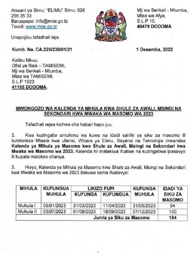 Kalenda Za Mihula Kwa Shule Za Awali Msingi Na Sekondari 2023 | PDF