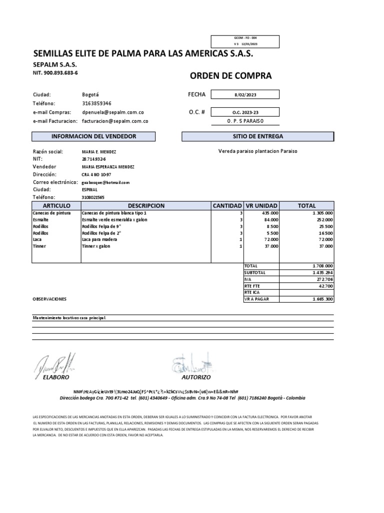 Orden de Compra SEPALM S.A.S. 2023 | PDF