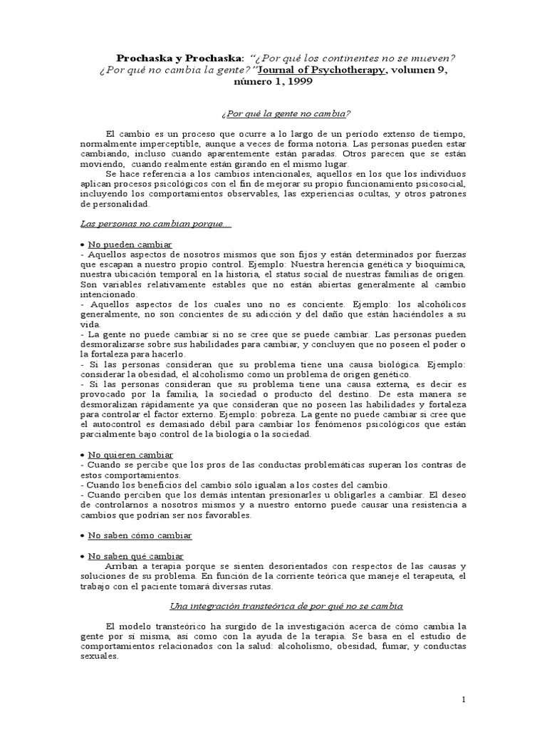 Prochaska Porque No Cambia La Gente Resumen PDF Comportamiento