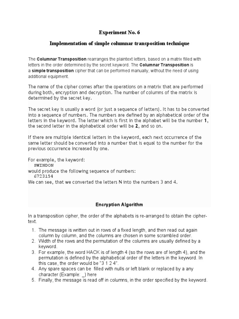 Expt 9 Simple Columnar Transposition | PDF | Cryptography | Secure ...