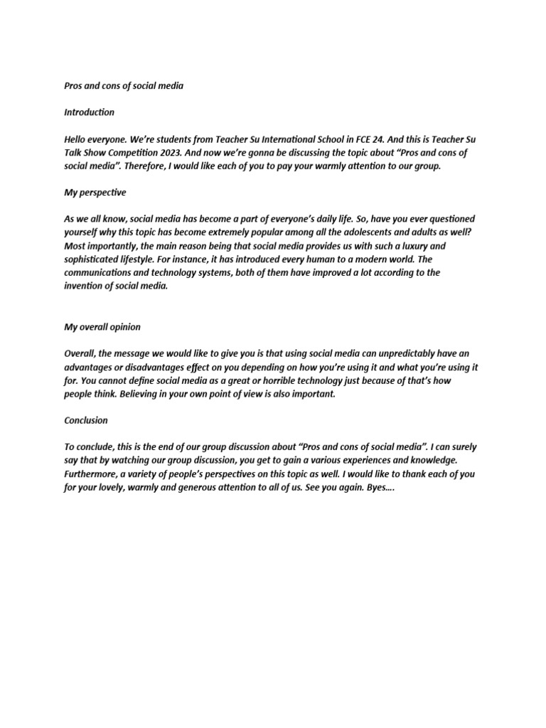 Pros and Cons of Social Media | PDF
