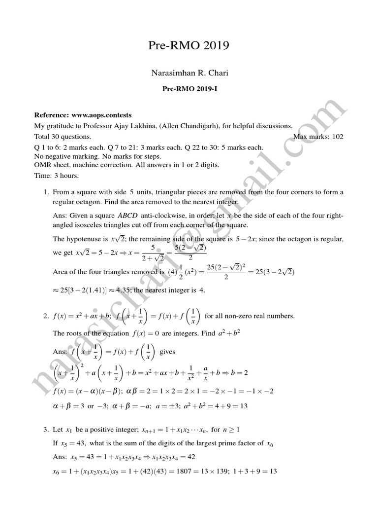 Pre-RMO 2019 Question Paper Analysis | PDF | Integral | Square Root
