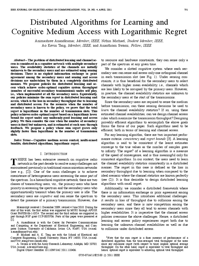 2011 - Distributed Algorithms For Learning and Cognitive Medium Access ...
