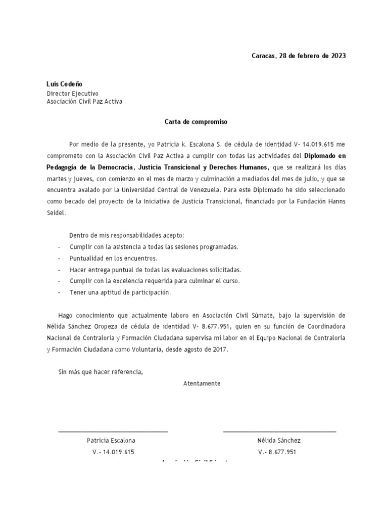 Carta de compromiso - Diplomado JT UCV | PDF