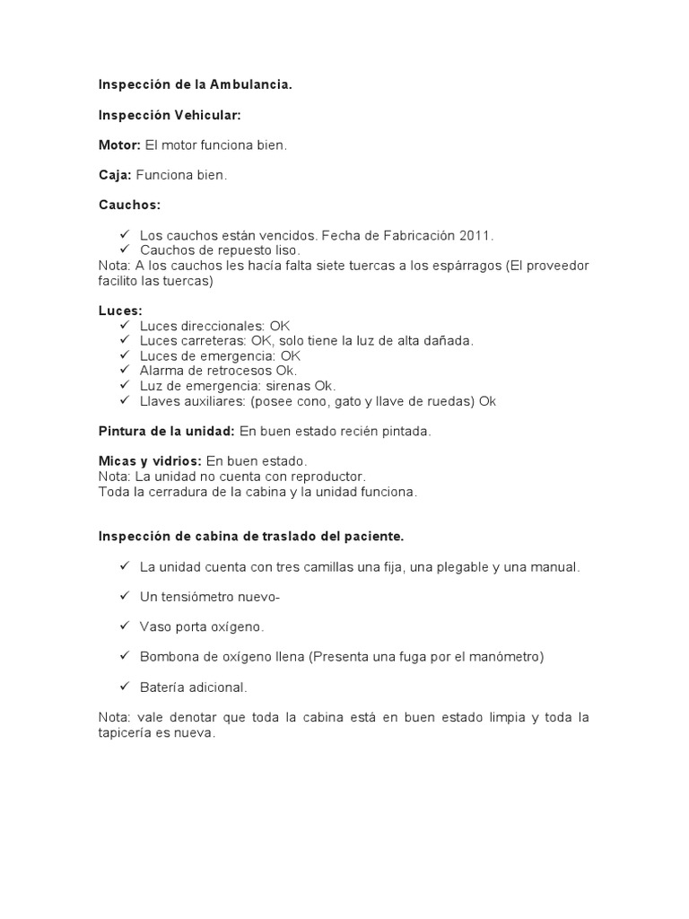 Inspección de La Ambulancia, Chuto y Vacuum | PDF
