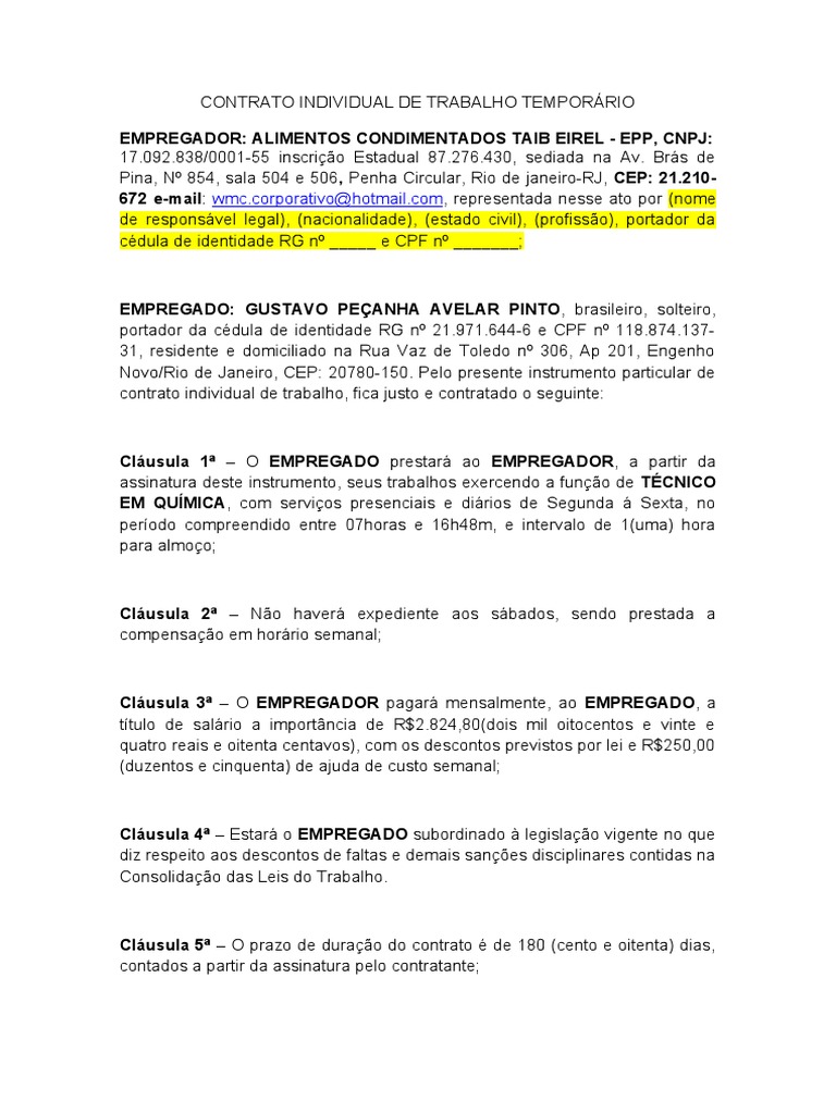 Contrato Individual de Trabalho Temporário | PDF | Brasil