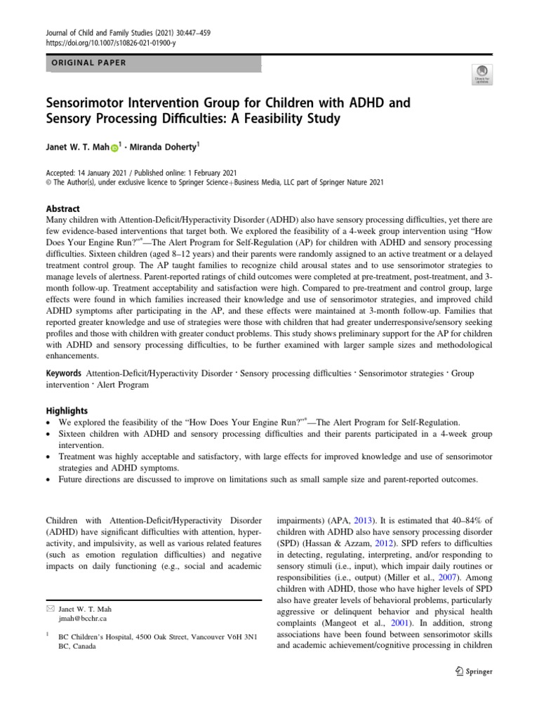 Sensorimotor Intervention Group For Children With ADHD and Sensory ...