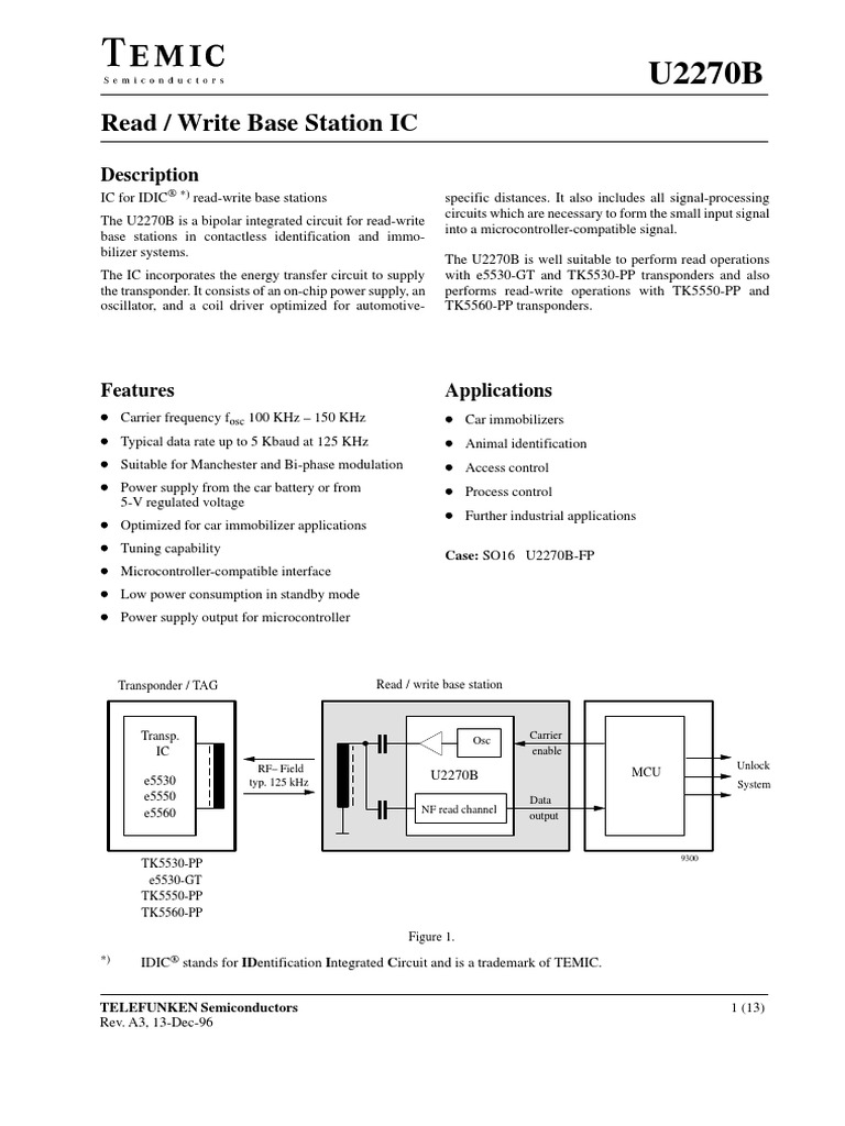U2270B Read/Write Base Station IC Datasheet