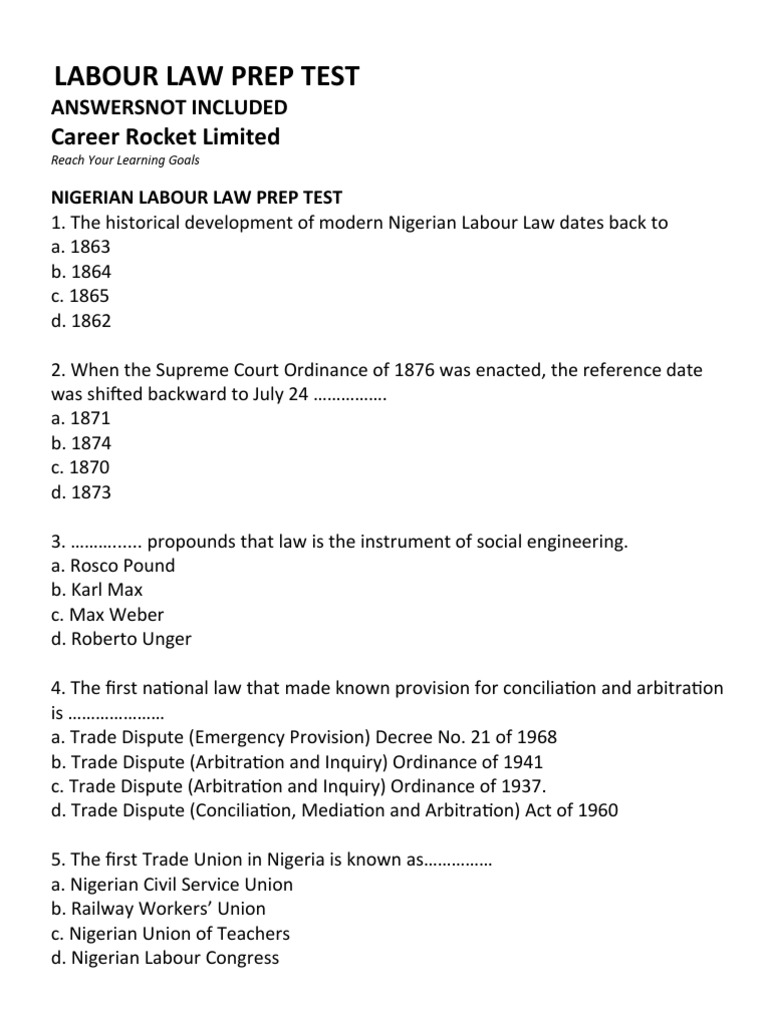 Nigerian Labour Law Prep Test | PDF | Finance & Money Management | Law