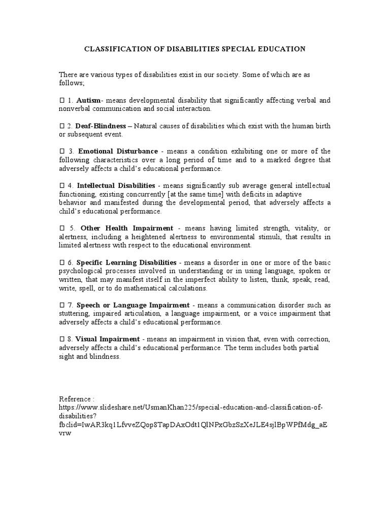 Classification of Disabilities in Education | PDF