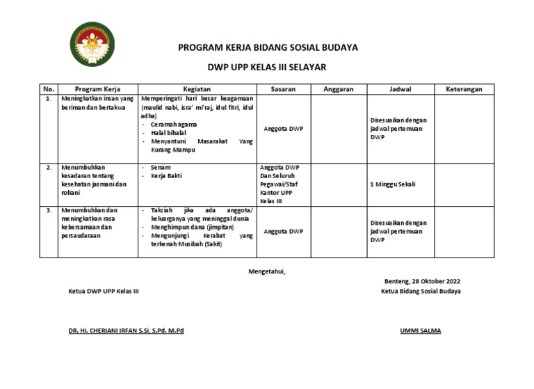 Program Kerja Sosial Budaya DWP Selayar | PDF