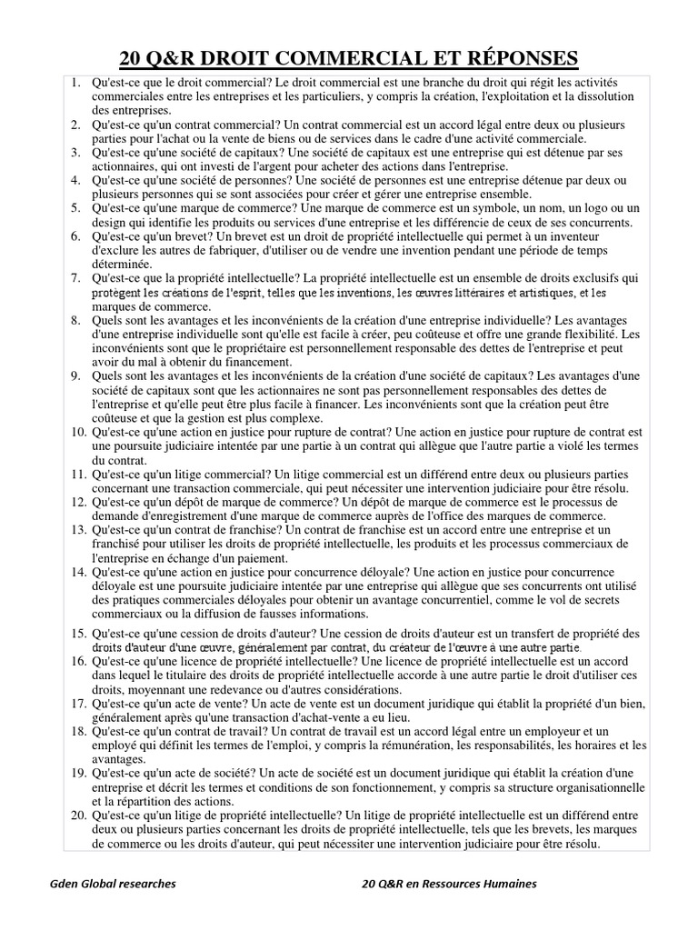 20 Questions-Réponses sur le Droit Commercial | PDF | Propriété ...