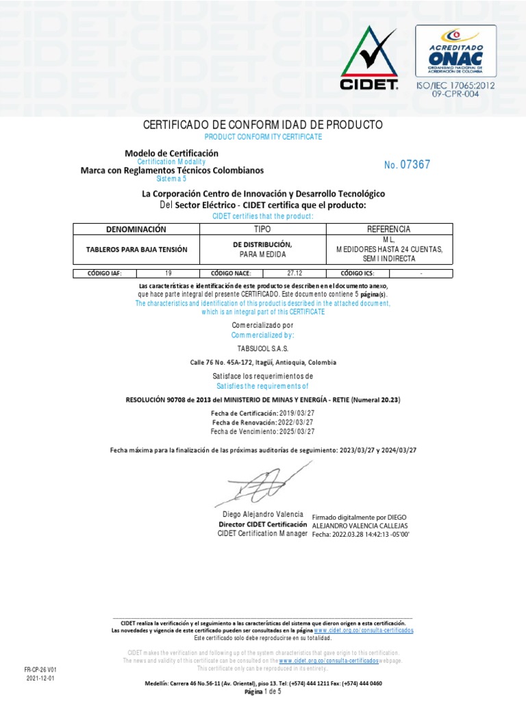 Gabinete Medidor Certificado 07367 ML, Medidores y Medida Tabsucol PDF ...