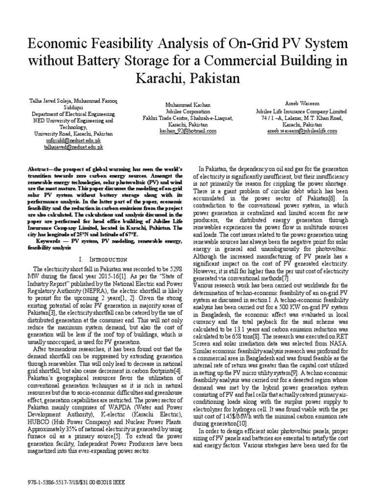 Economic Feasibility Analysis of On-Grid PV System Without Battery ...