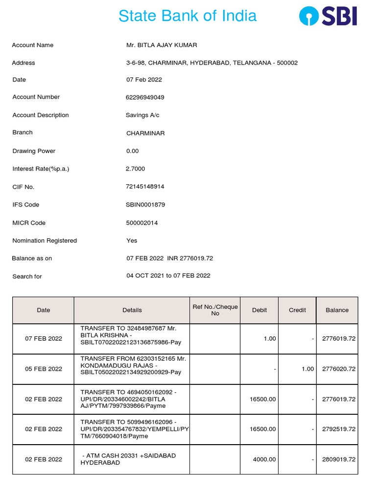 SBI Bank Statement for Ajay Bitla | PDF | Finance & Money Management